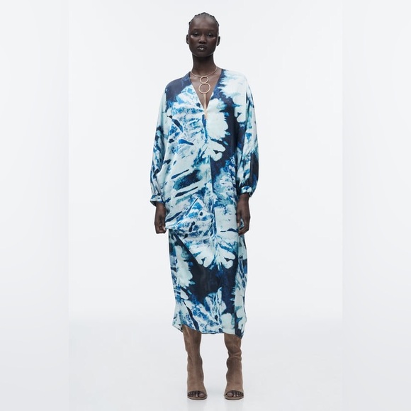 ▫️Zara▫️NWT Blue Tie Dye Print Kaftan Dress - Picture 2 of 4